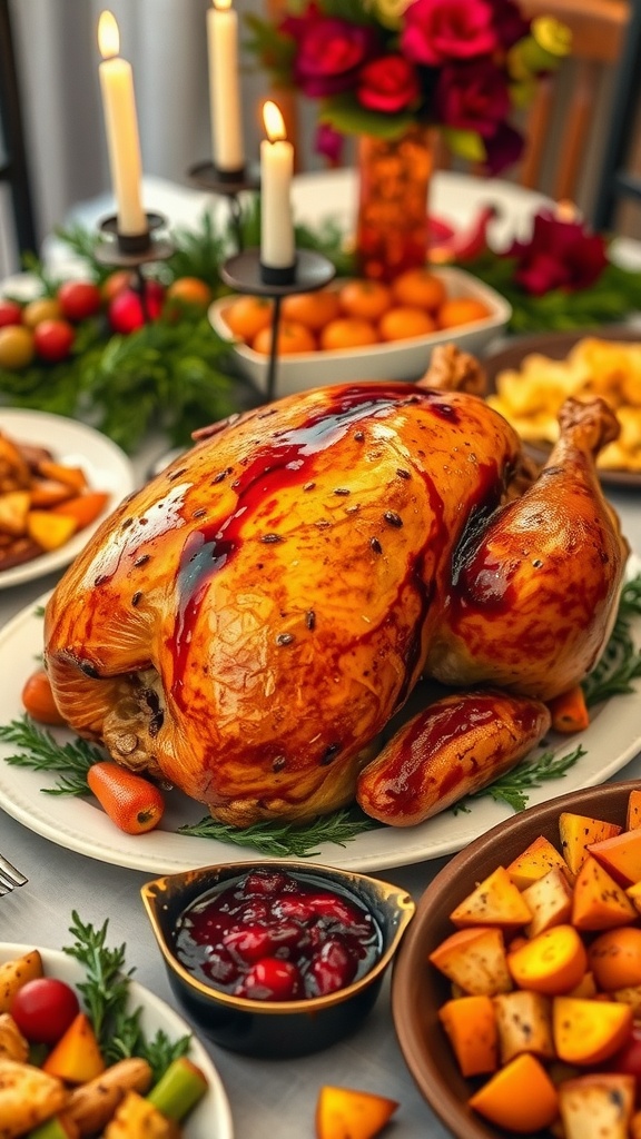 A roasted turkey with cranberry-balsamic glaze on a festive table with seasonal decorations.